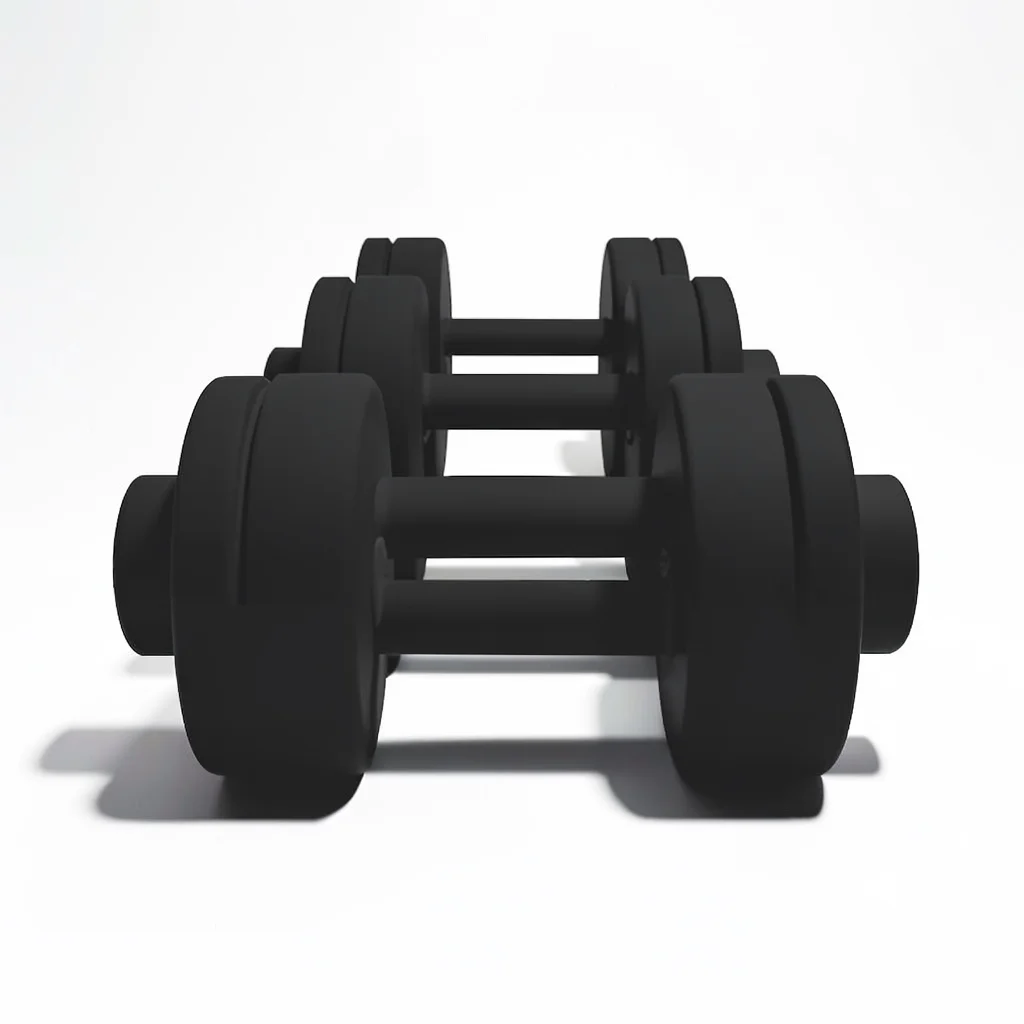 Block-color graphic of a row of dumbbells receding, flat shadow stripes