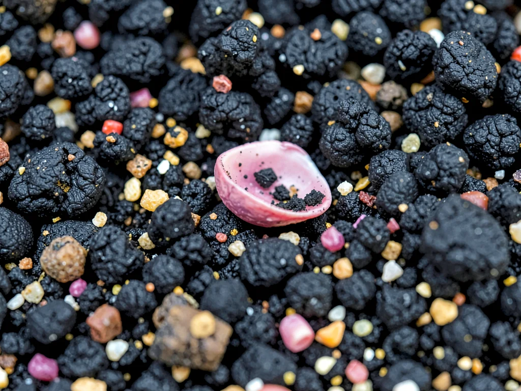 Shell fragment pink among black volcanic