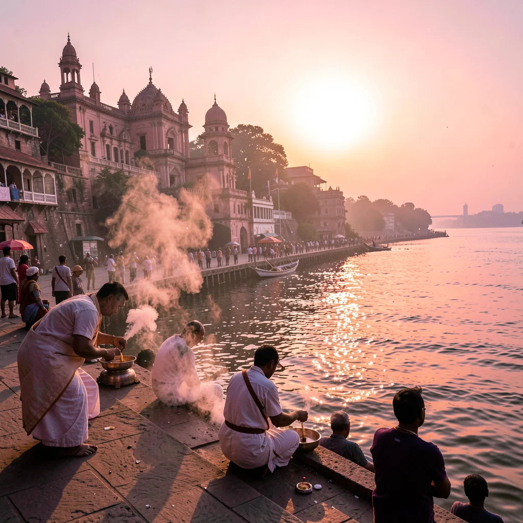 Varanasi ghat dawn, Ganges pink-gold light, priest performing morning ritual, sm