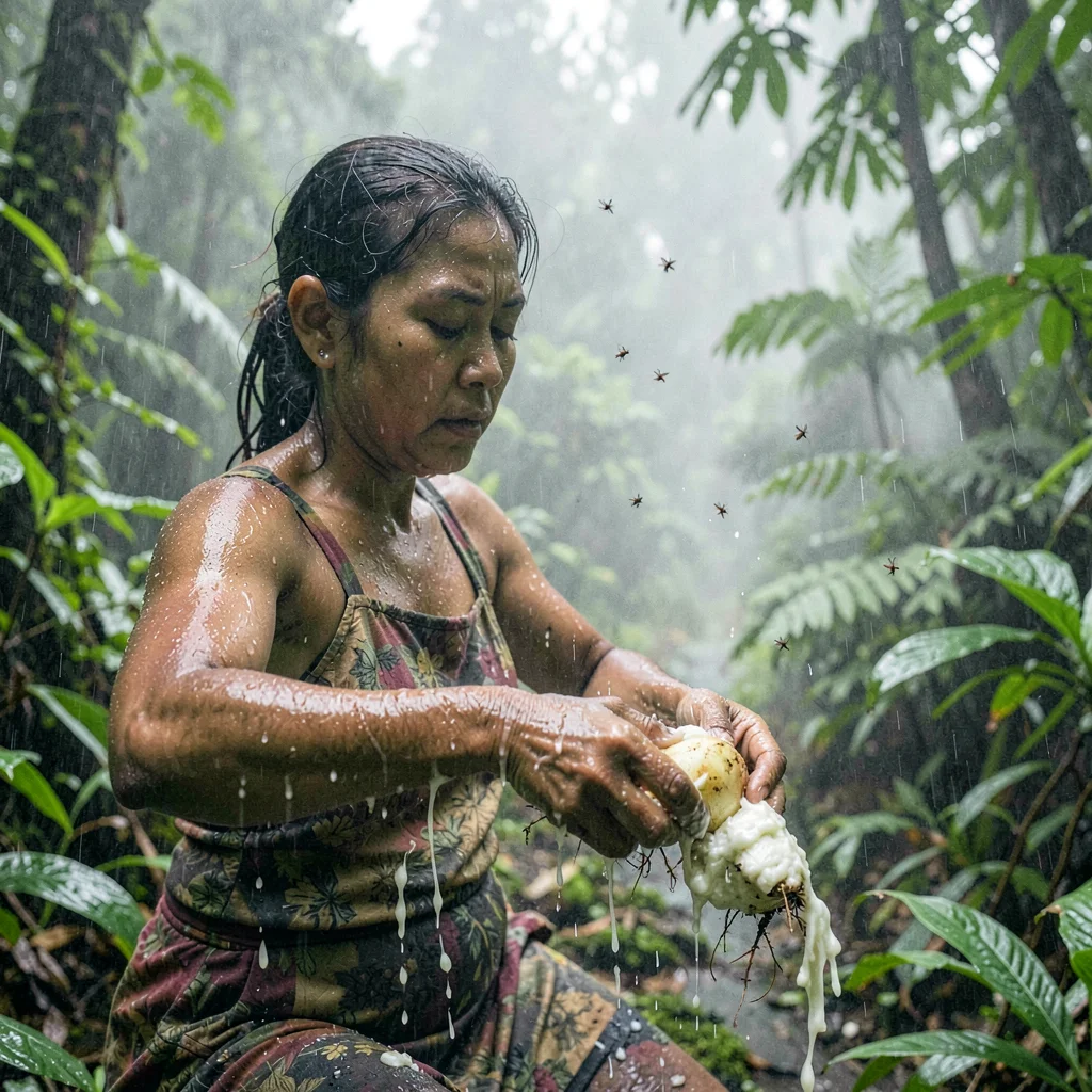 Tropical rainforest photograph, humid jungle atmosphere, A woman grinding manioc