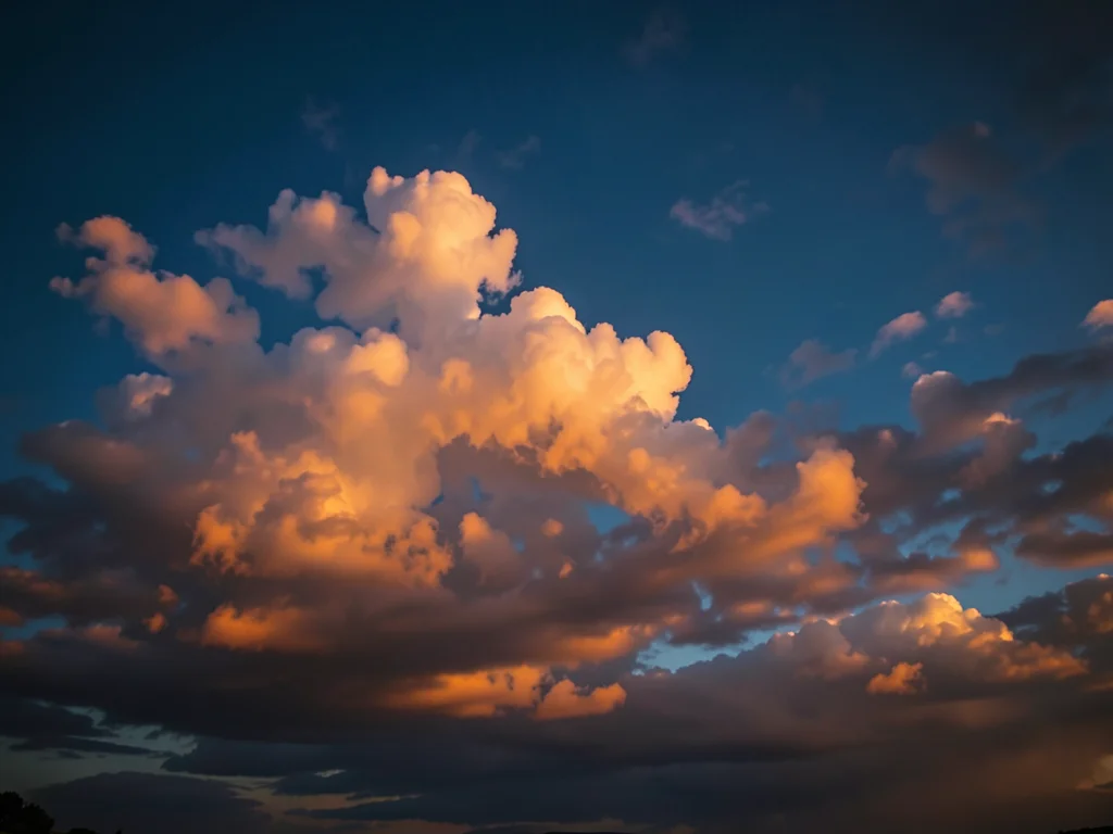 Altocumulus castellanus at sunset — small turret-topped clouds lit orange and pi