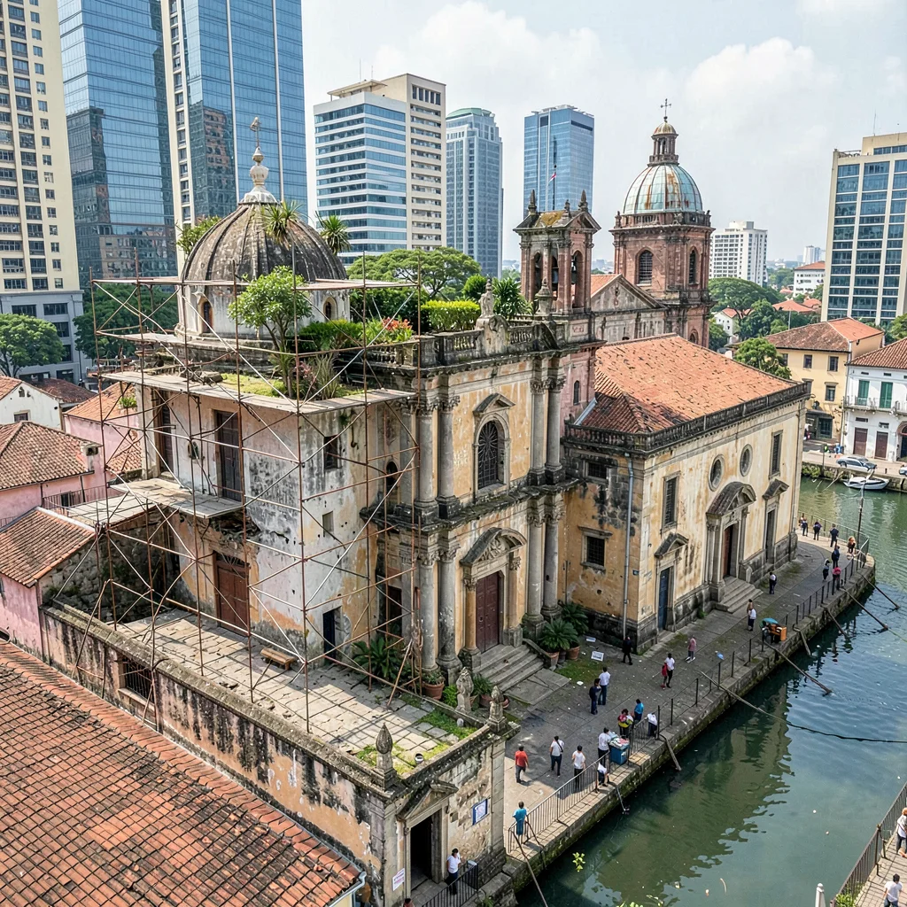 Casco Viejo restoration meeting modern Panama City, Restoration scaffolding on a