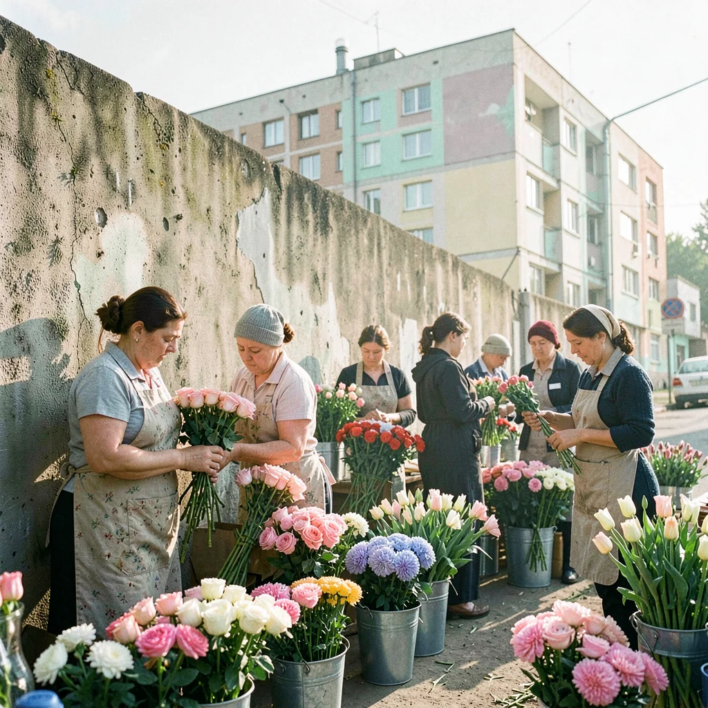 Post-Soviet urban photography, A flower market set up along a concrete wall, buc