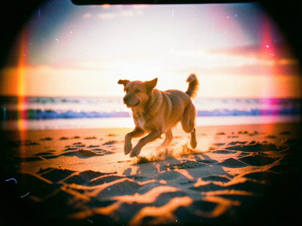 A dog running on a beach at sunset, the sand kicked up catching light, motion bl