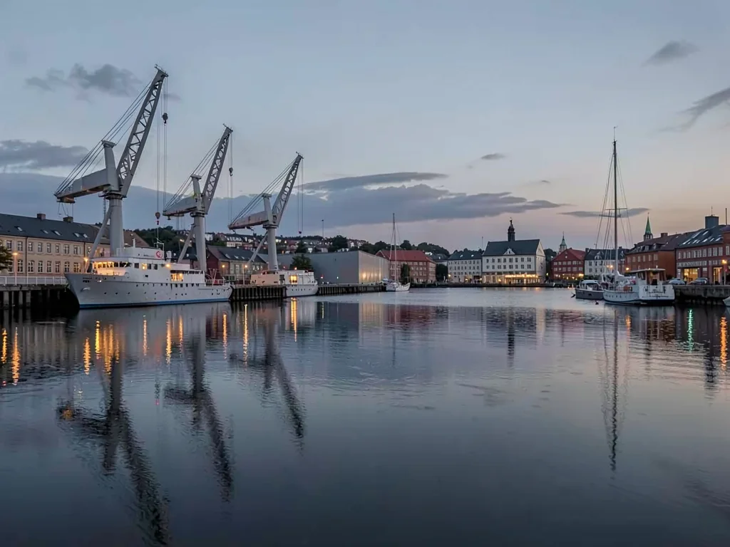 Comfortable grey harbor light in Gothenburg, Sweden, harbor cranes reflected in 