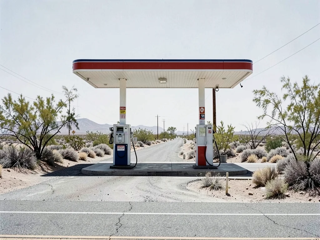 Gas station at the desert highway edge — pumps, canopy, flanking scrub, equal we