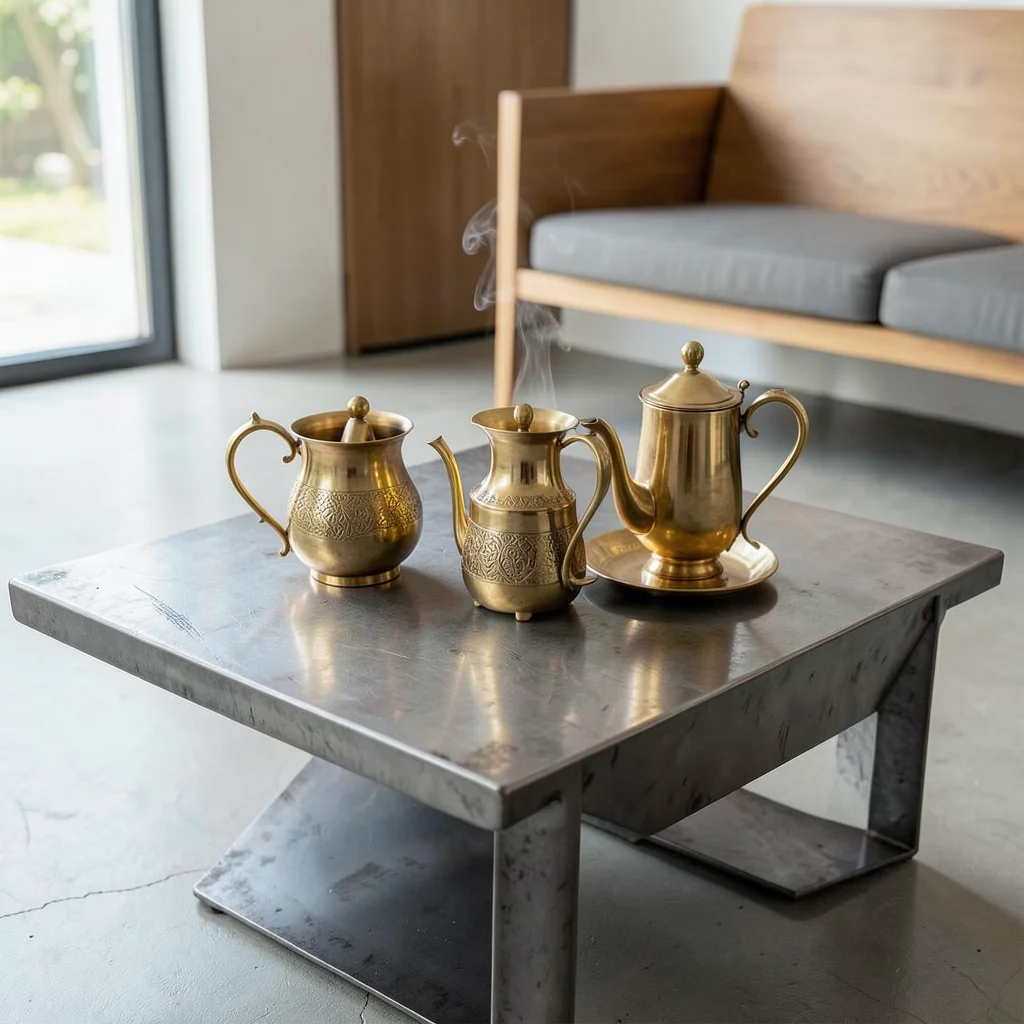 Brass Moroccan tea set on welded steel coffee table, industrial minimalism