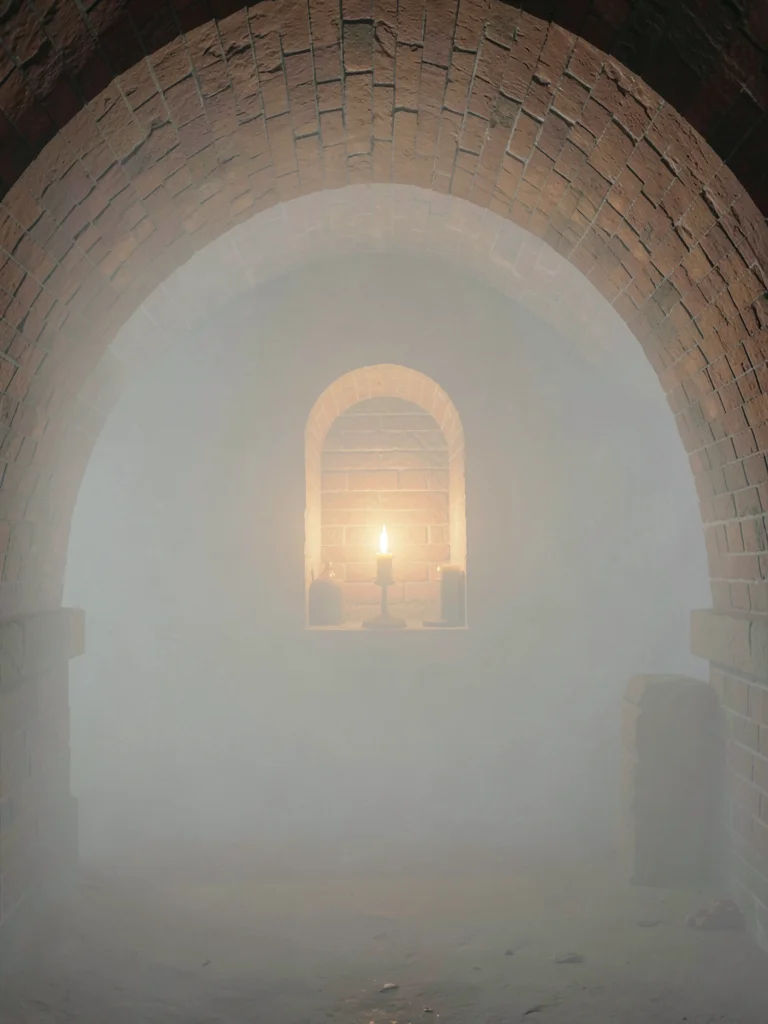 Vaulted cellar with arched bricks vanishing in haze, a single warm candle in a n