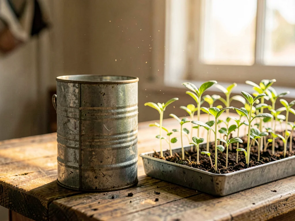 Warm lifestyle of a galvanized can resting beside a row of seedlings on a worn w