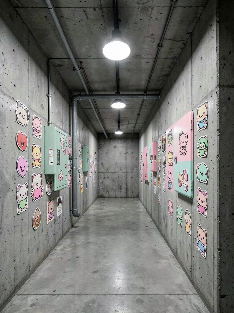 Kawaii stickers covering electrical junction box, industrial hallway, playful va