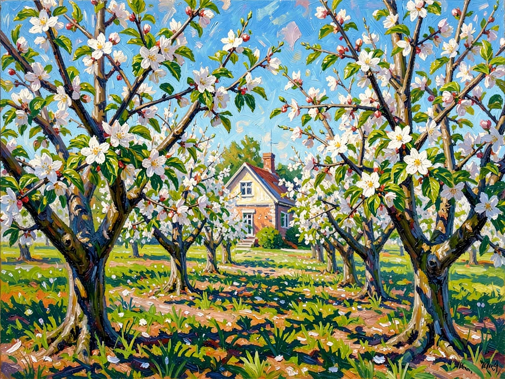 Apple orchard in blossom, a farmhouse glimpsed through the white canopy