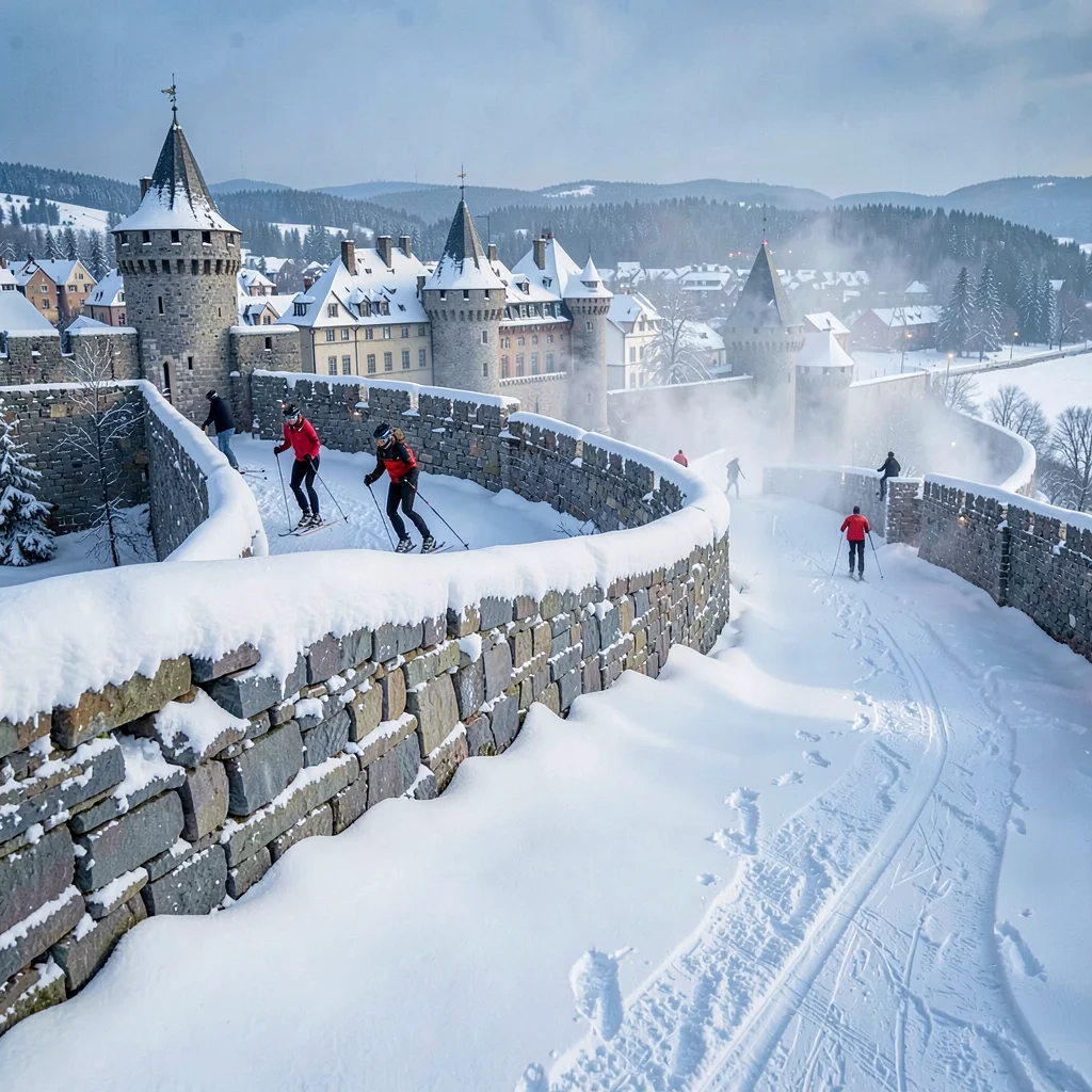Quebec winter heritage, walled city under snow, Cross-country skiers on a trail 