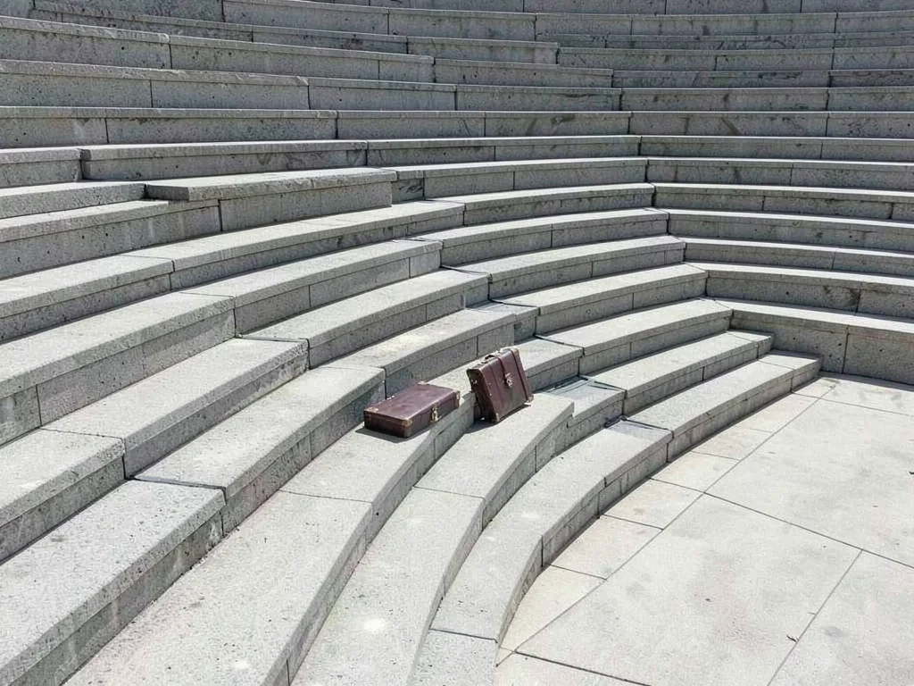 Stepped concrete amphitheater seen as pure geometry of receding lines, a lone br