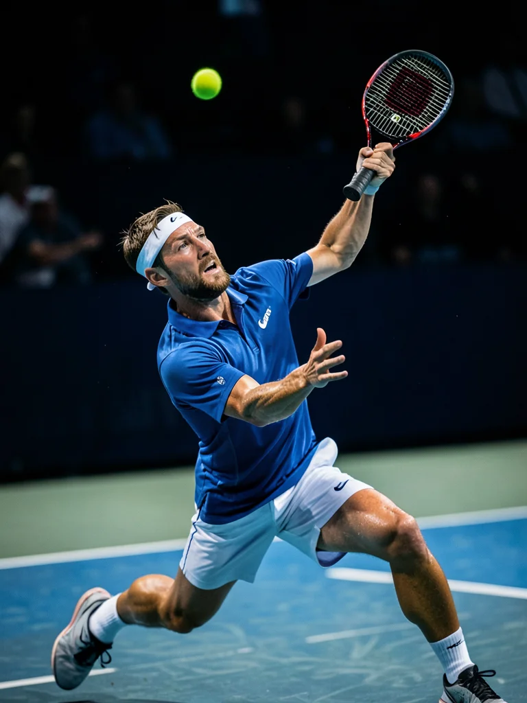 Tennis player serving, ball toss at apex, racket cocked, baseline court behind