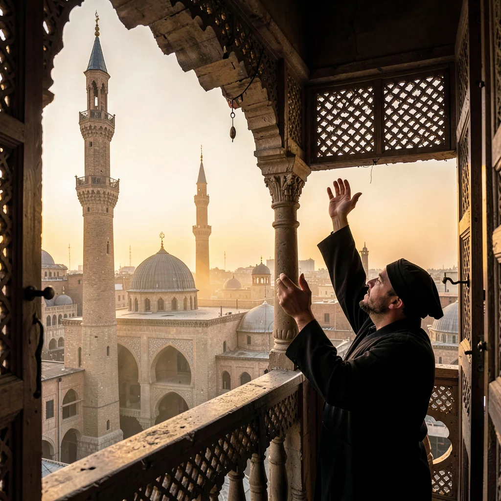 Islamic Cairo geometry, medieval city light, muezzin calling from balcony, hand 