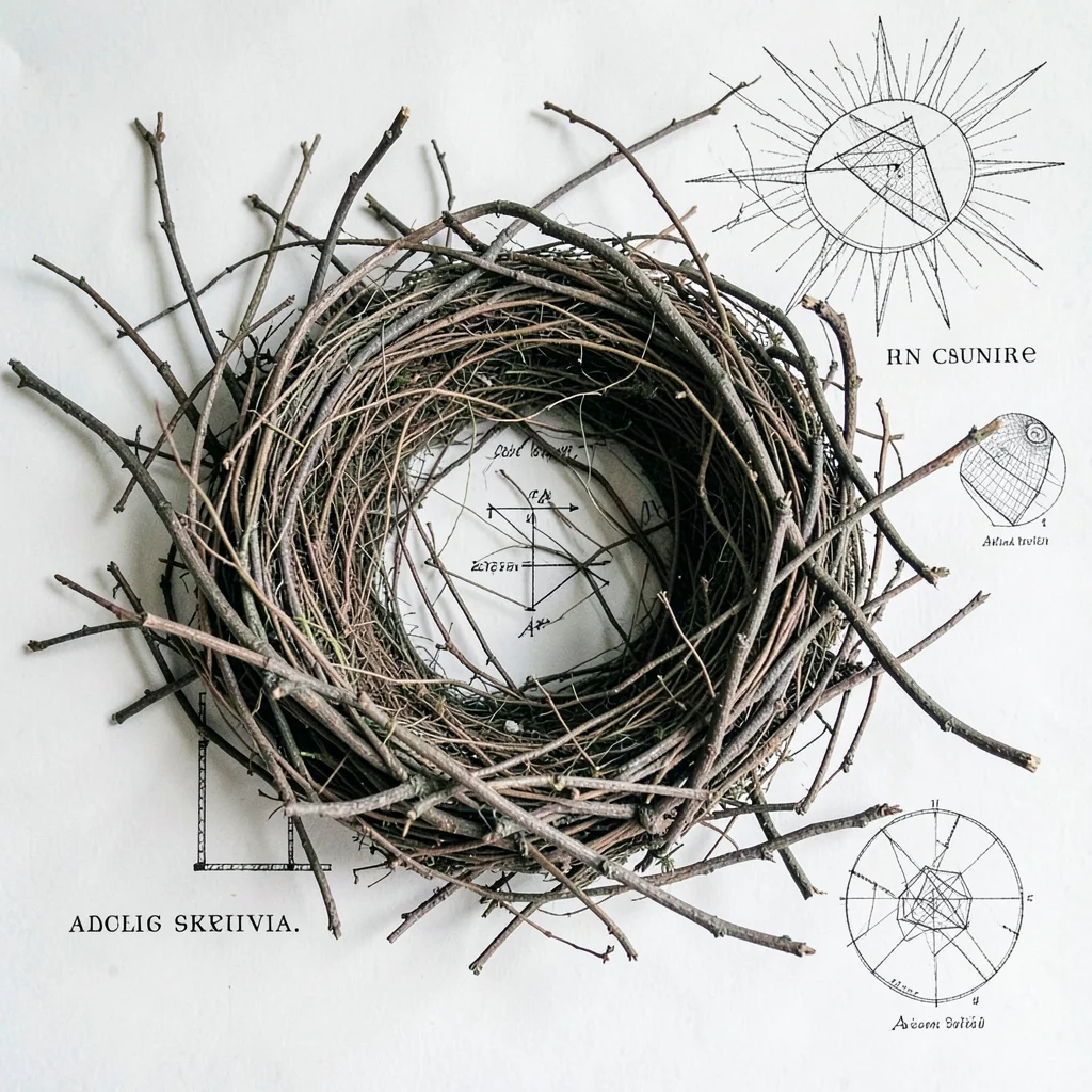 Abandoned bird nest dissected and arranged, every twig and thread sun-printed as