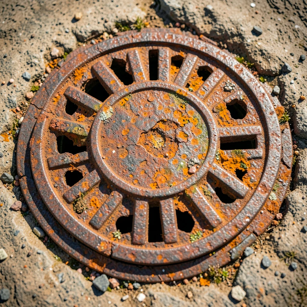 Rusted manhole cover, municipal infrastructure returning to iron ore