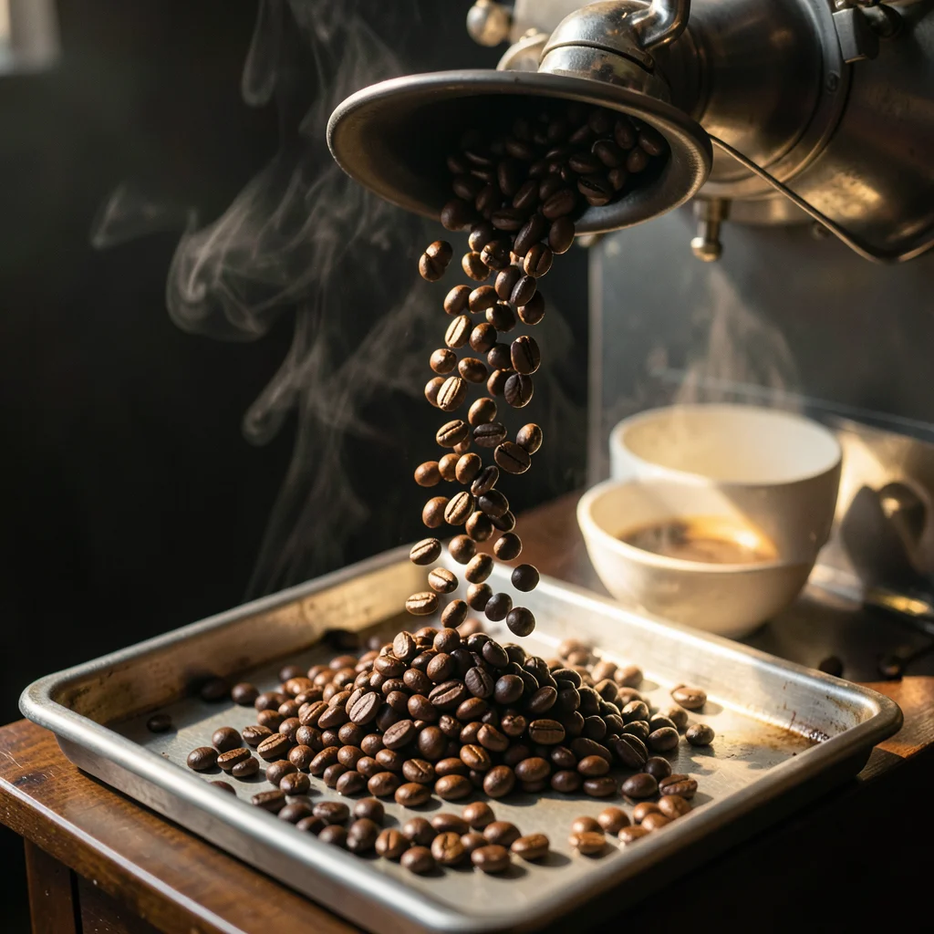 Freshly roasted coffee beans tumbling from a roaster cooling tray, their surface