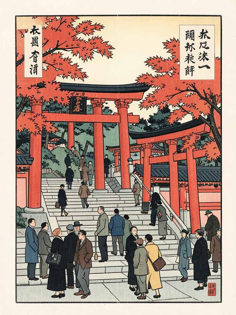 A temple visit: visitors ascending stone steps, torii gates in vermillion, maple