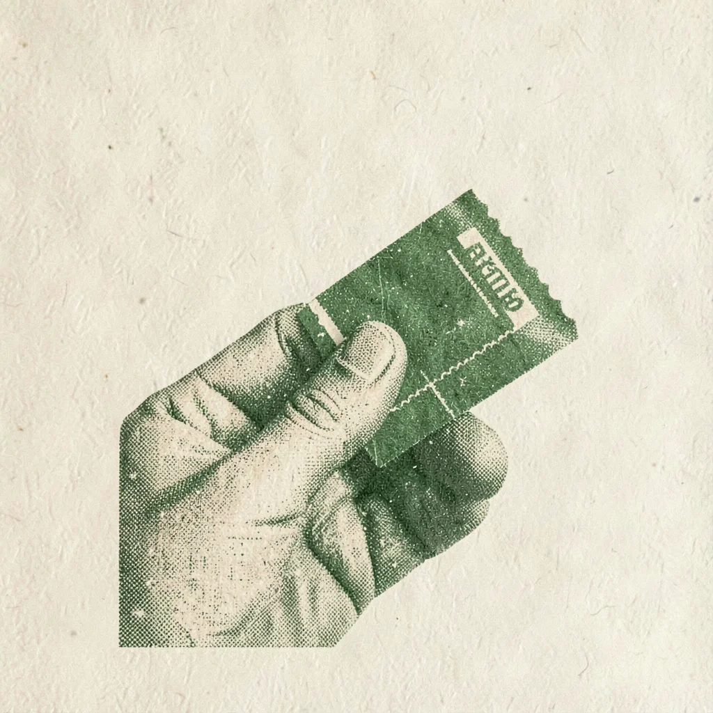 Riso flyer motif of a halftone hand holding a single ticket stub, single chartre
