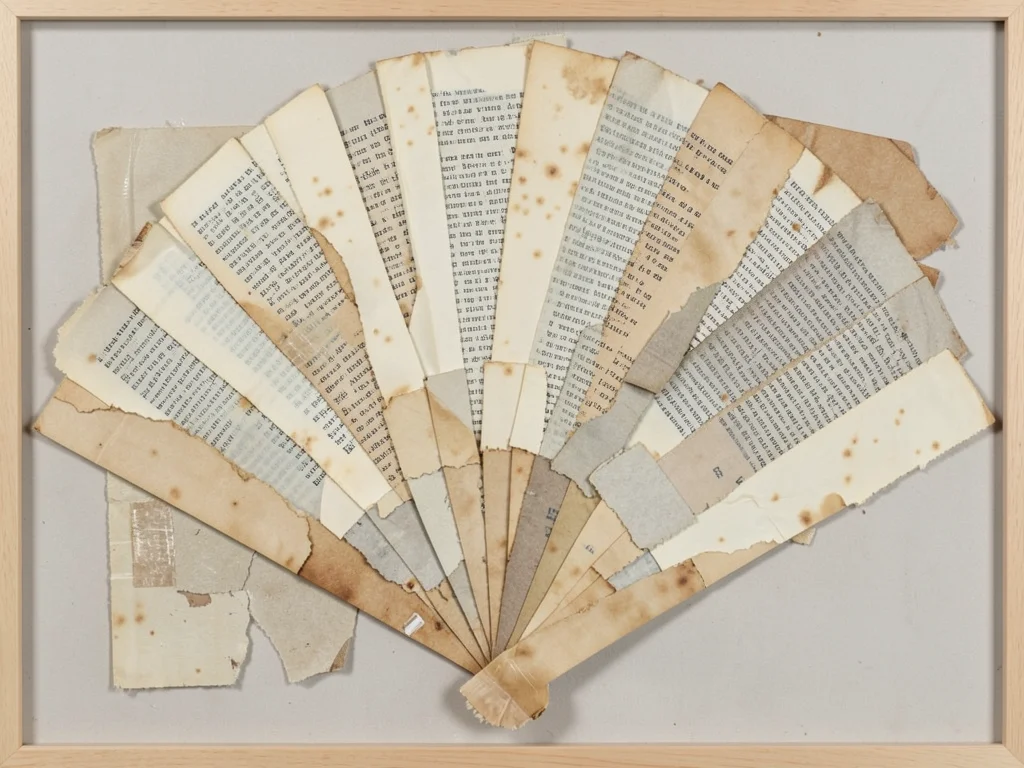Fan of torn book pages, text visible but illegible at this scale, cream pages wi