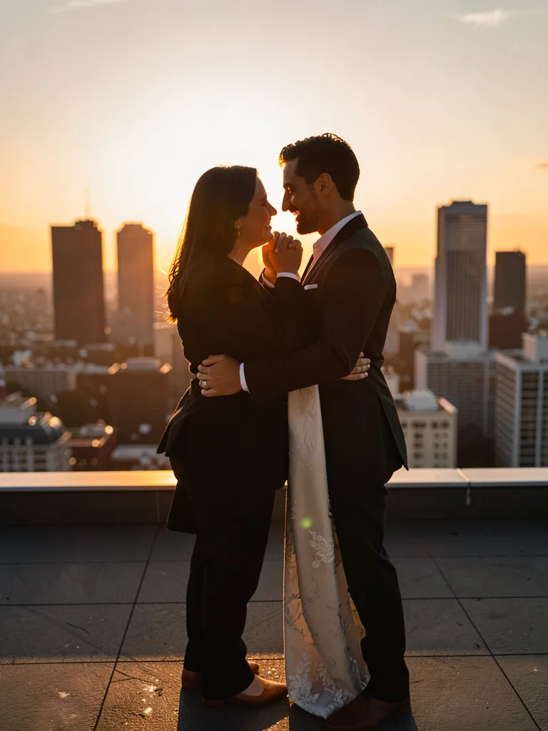 Couple slow dancing on rooftop, city behind them silhouetted, their faces catchi