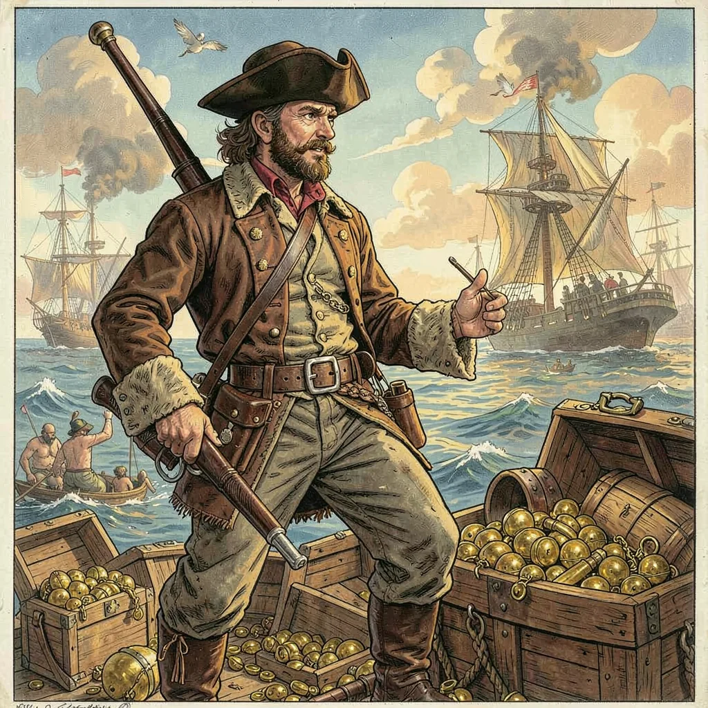 A pirate captain surveying treasure