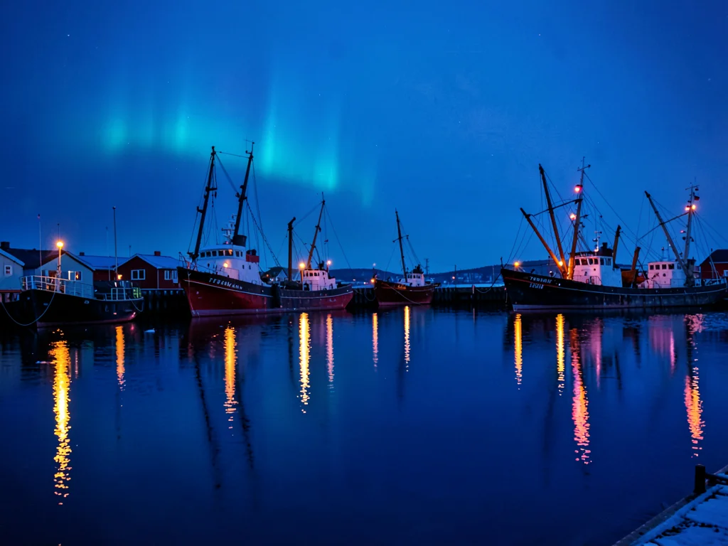 Polar night blue hour in Tromso, Norway, a row of fishing boats with their navig