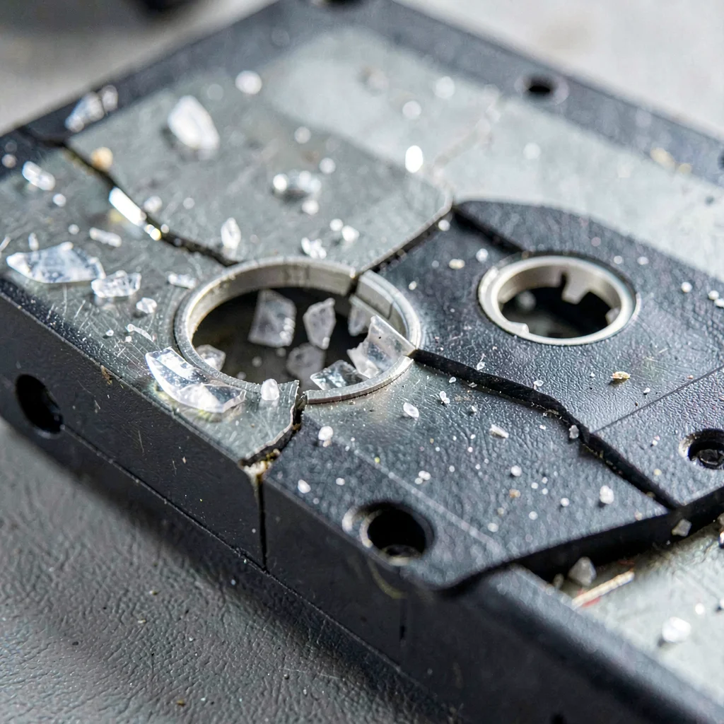 Macro study of a cracked cassette shell with crushed plastic catching opposing h
