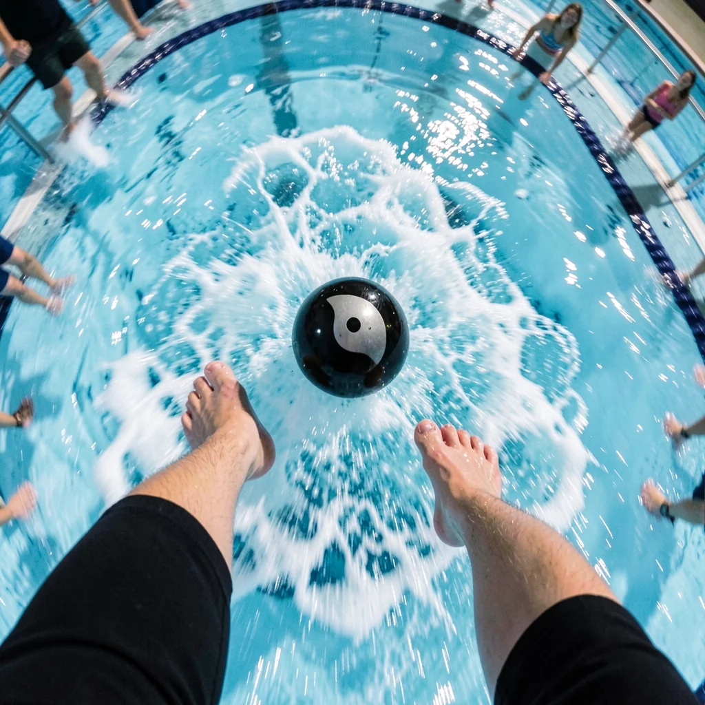 Cannonball entry from jumper's POV, pool surface rushing up warped, legs and fee