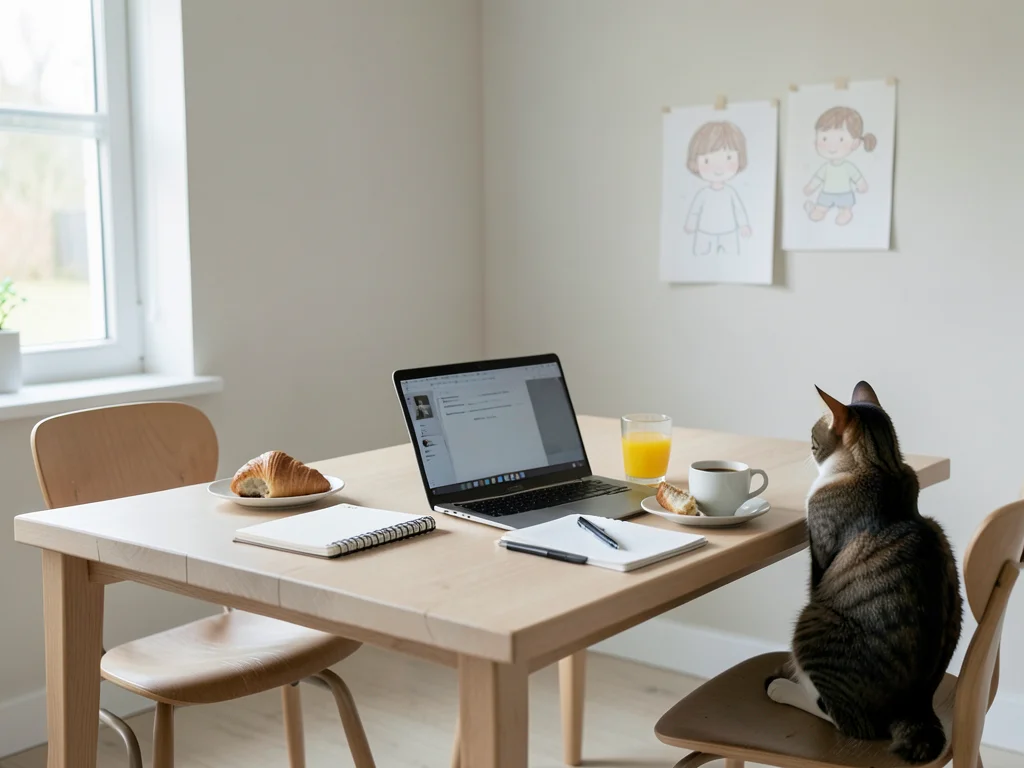 A kitchen table repurposed as a workspace, a laptop open at one end with a noteb