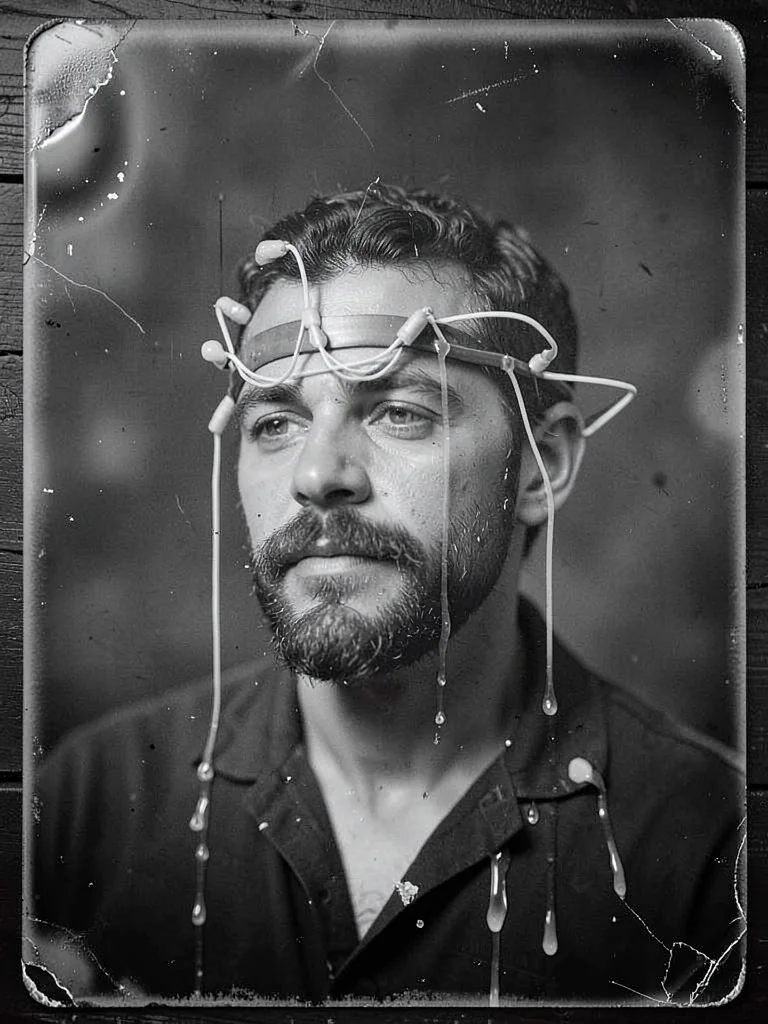 Neural interface prototype headband, electrodes visible, 1860s photographic alch