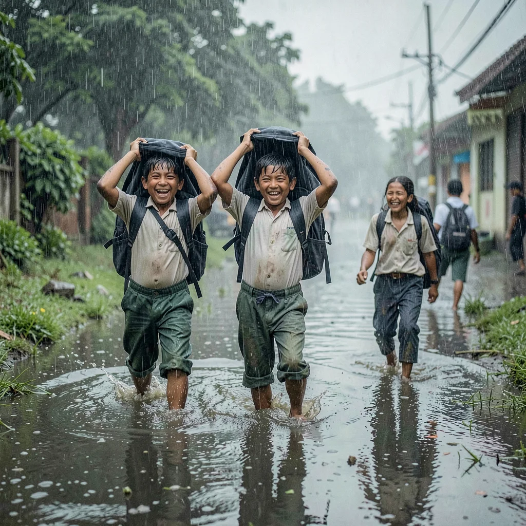 Monsoon season photograph, heavy rain atmosphere, Schoolchildren wading through 