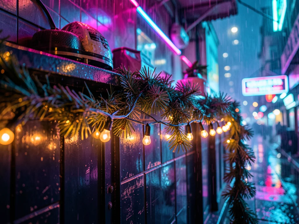Close-up of string lights on mantle, warm bokeh, pine garland