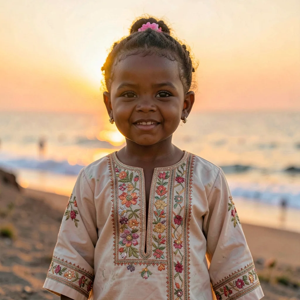 Peachy golden Dakar sunset light through sea haze, Child in embroidered kaftan f