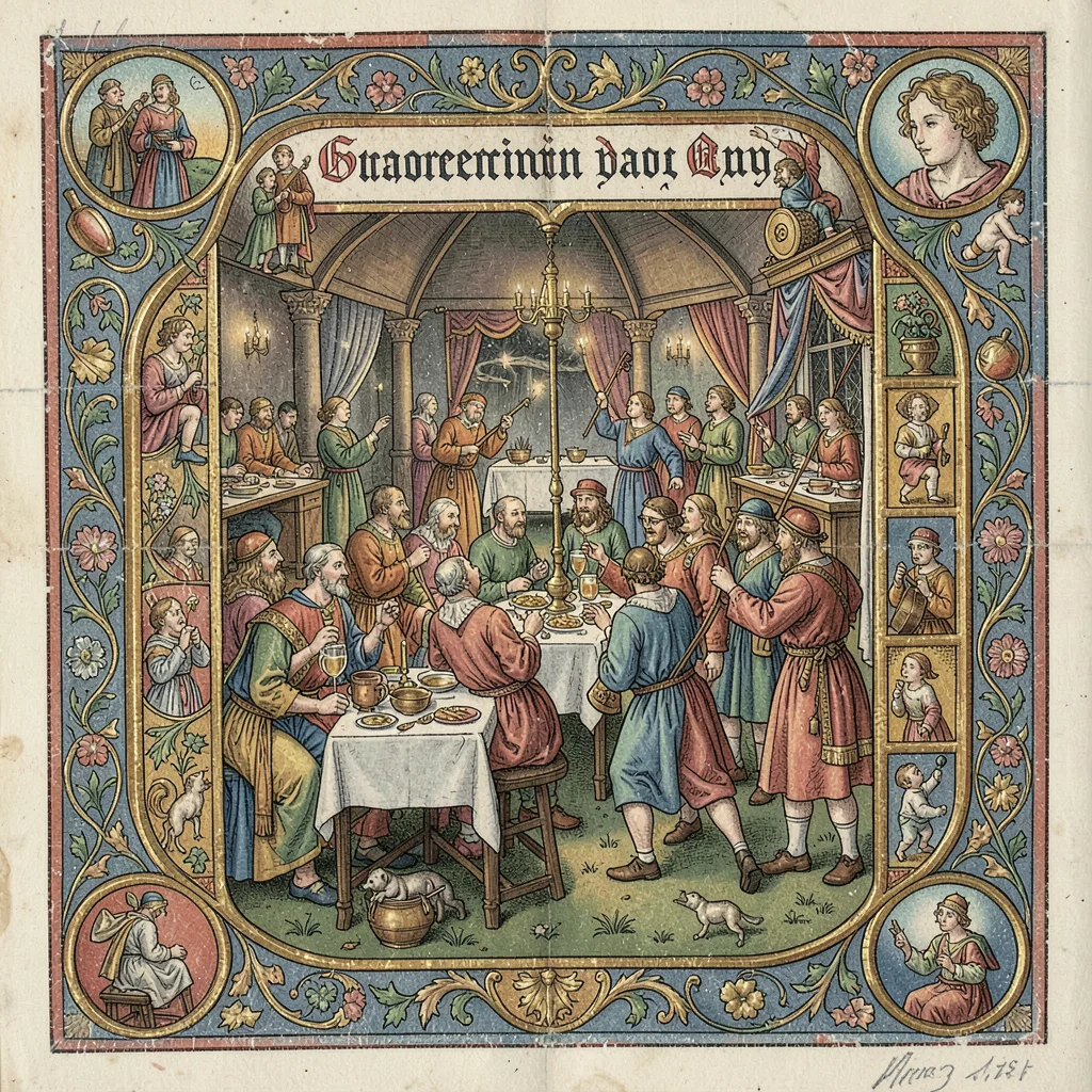 A medieval feast with musicians and dancers