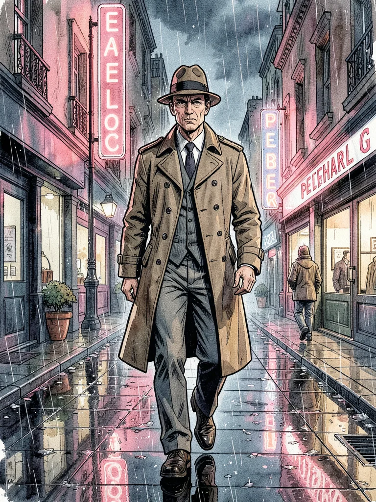 Noir detective in rain