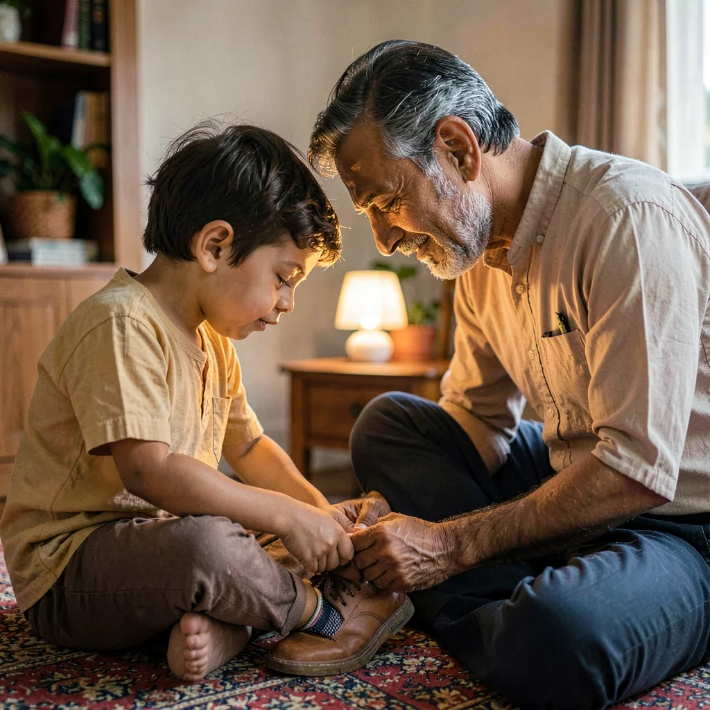 A gentle Indian father in his forties helping a small child tie shoelaces, lamp 