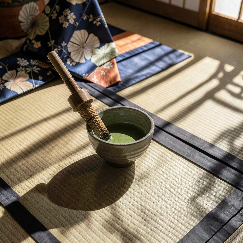 Through the textile eye of Kyoto, woven and dyed, Tea ceremony setting with matc