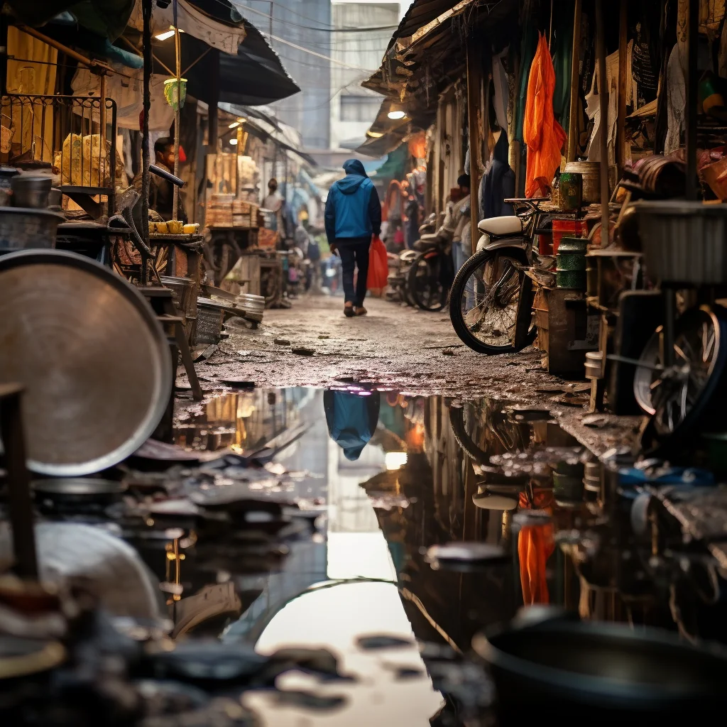 Photo In a busy market a mirror reflects only the goo