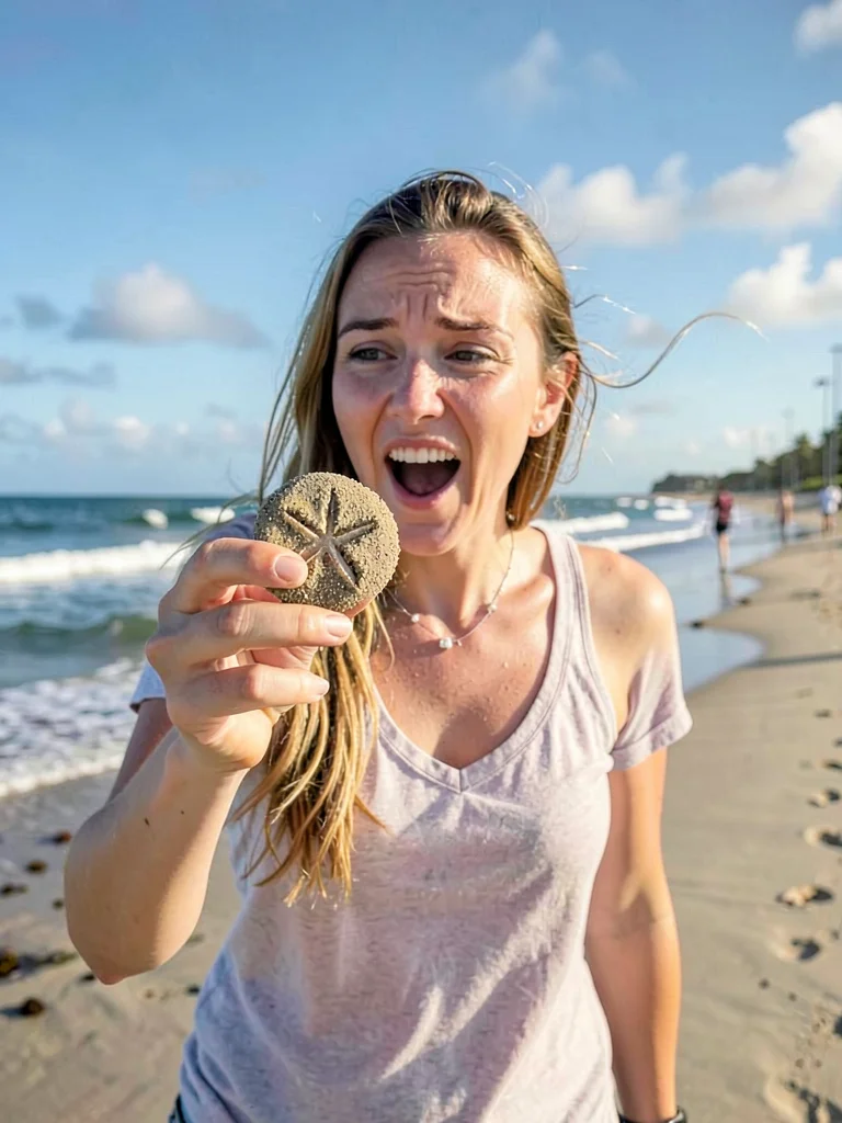 Beach walker discovering perfect sand dollar, holding it up to examine
