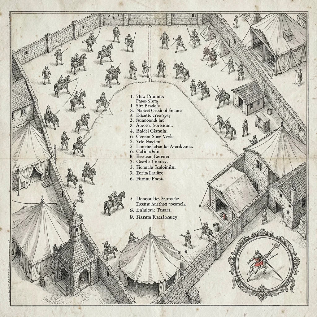 A medieval town tournament-grounds plan with jousting list, archery butts, knigh