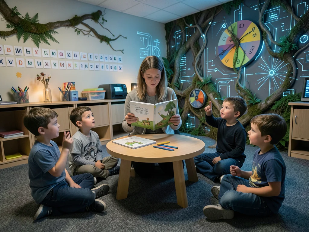 An elementary school teacher sitting in a tiny chair at a kidney-shaped reading 