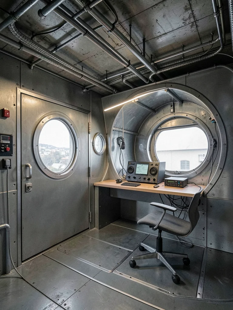 Interior of a single capsule unit: circular window opposite the door, built-in d