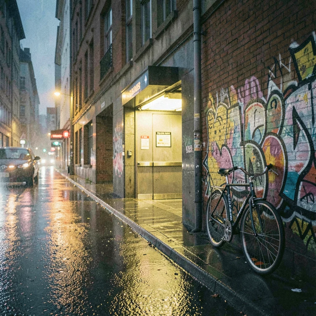 Rain-slick Kreuzberg street at 4am, U-bahn entrance glowing yellow, lone bicycle