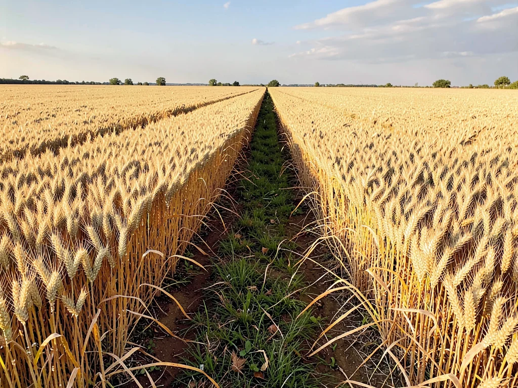 Field road cutting through golden wheat ocean