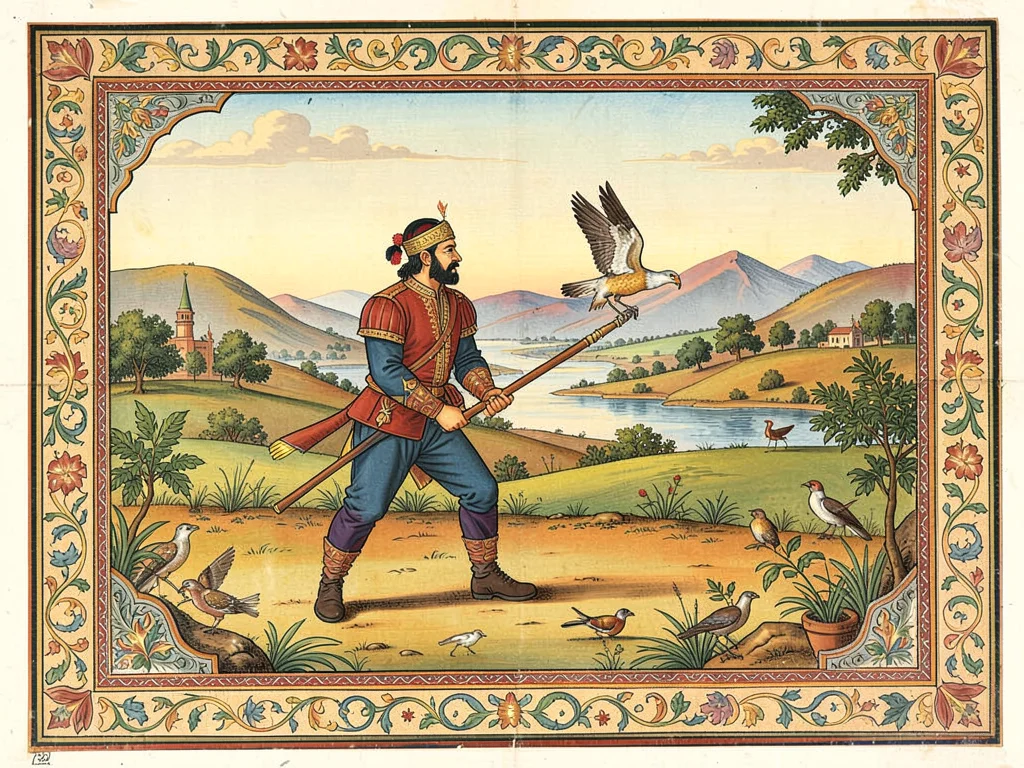 Falconer releasing a bird in a hunting ground, distant hills and a river behind
