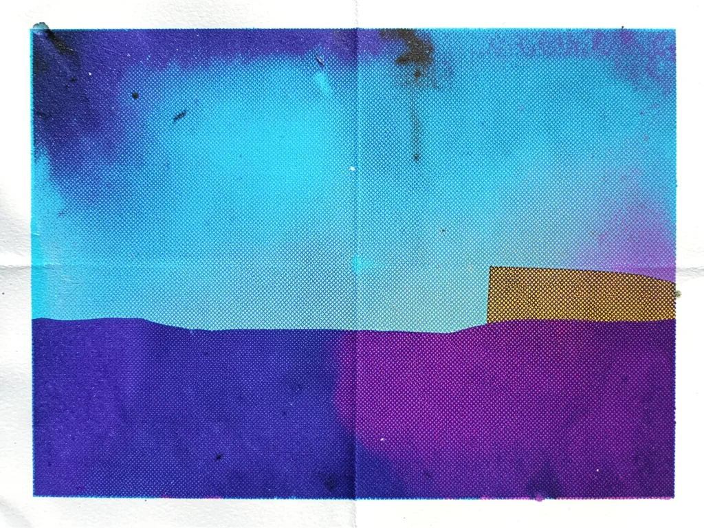 Landscape with yellow plate dropped out entirely, remaining CMY creating cold bl