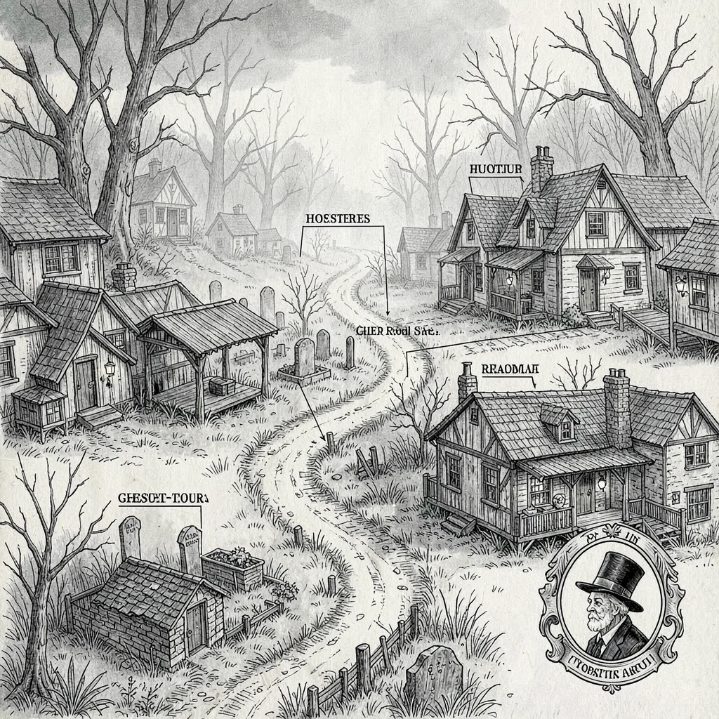 A regional ghost-tour map of a foggy old town with named haunted sites connected