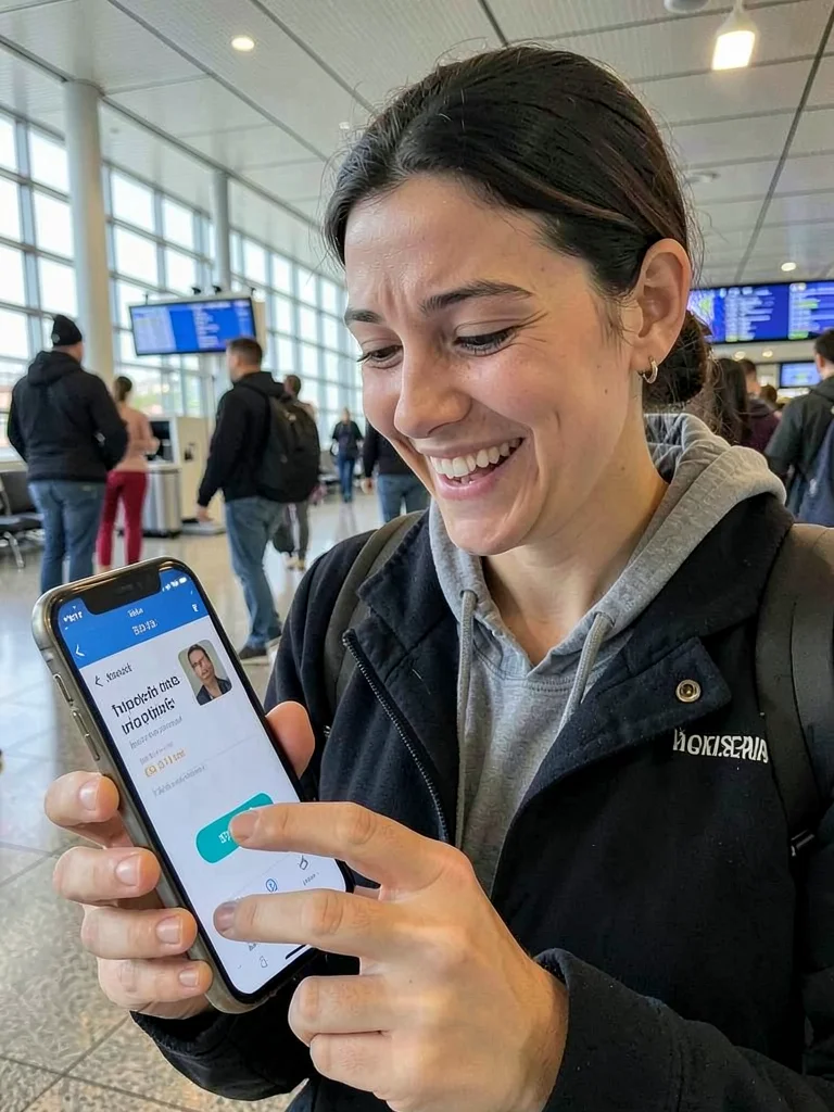 Airport traveler seeing upgrade notification on phone screen, genuine smile form